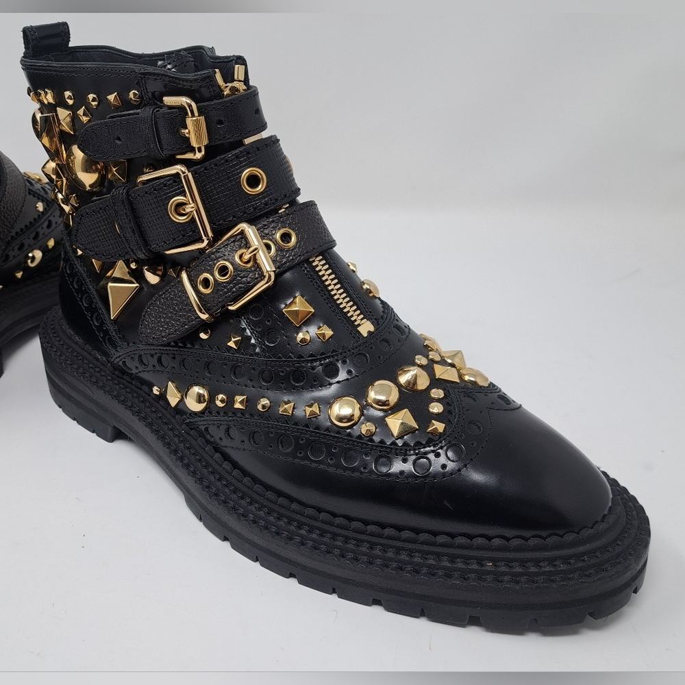 Burberry Everdon Leather Biker Boots Combat Ankle Buckle Gold Studs 10 US 40 EU - Picture 9 of 12